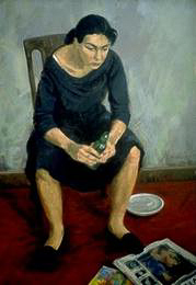 YOUNG WOMAN WITH BEER BOTTLE, oil on canvas, 40 x 28 inches, copyright ©1993 