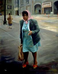 WOMAN ASKING THE TIME, oil on canvas, 40 x 32 inches, copyright ©1990 